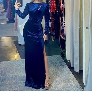 Long sleeve velvet evening gown with slit - wedding guest dress - winter wedding